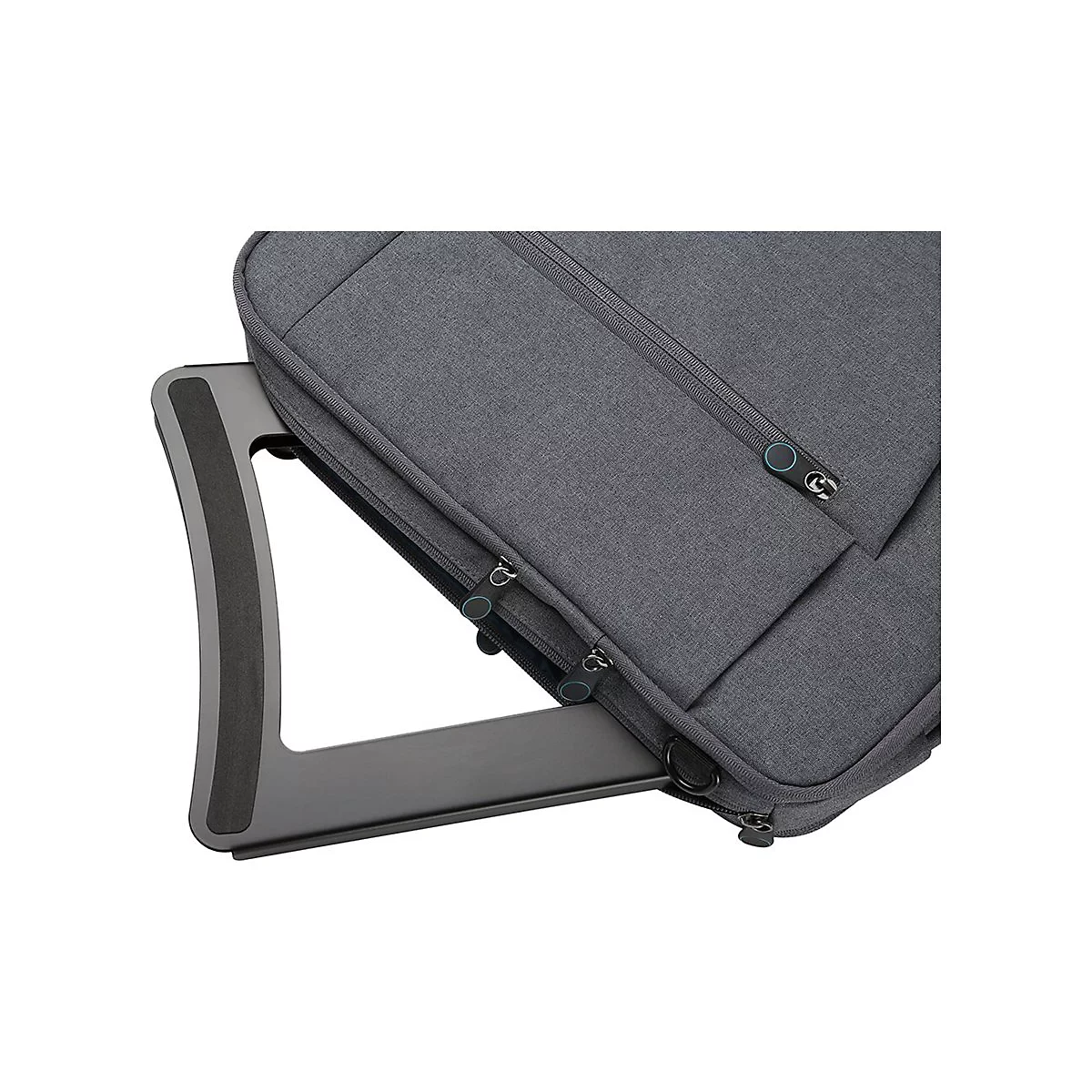 Graue Laptoptasche mit Trolley-Gestell. Detailaufnahme mit ReiÃŸverschlÃ¼ssen und Griff.