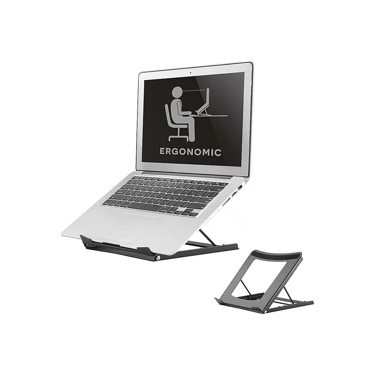 Laptop auf schwarzem StÃ¤nder, der die ergonomische Haltung zeigt. Auf dem Display: StrichmÃ¤nnchen-Illustration und das Wort ERGONOMIC.