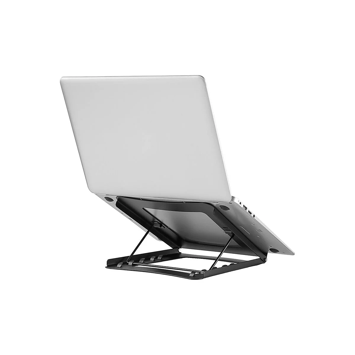 Grauer Laptop auf einem schwarzen, zusammenklappbaren StÃ¤nder. Die RÃ¼ckseite des Laptops ist zu sehen.