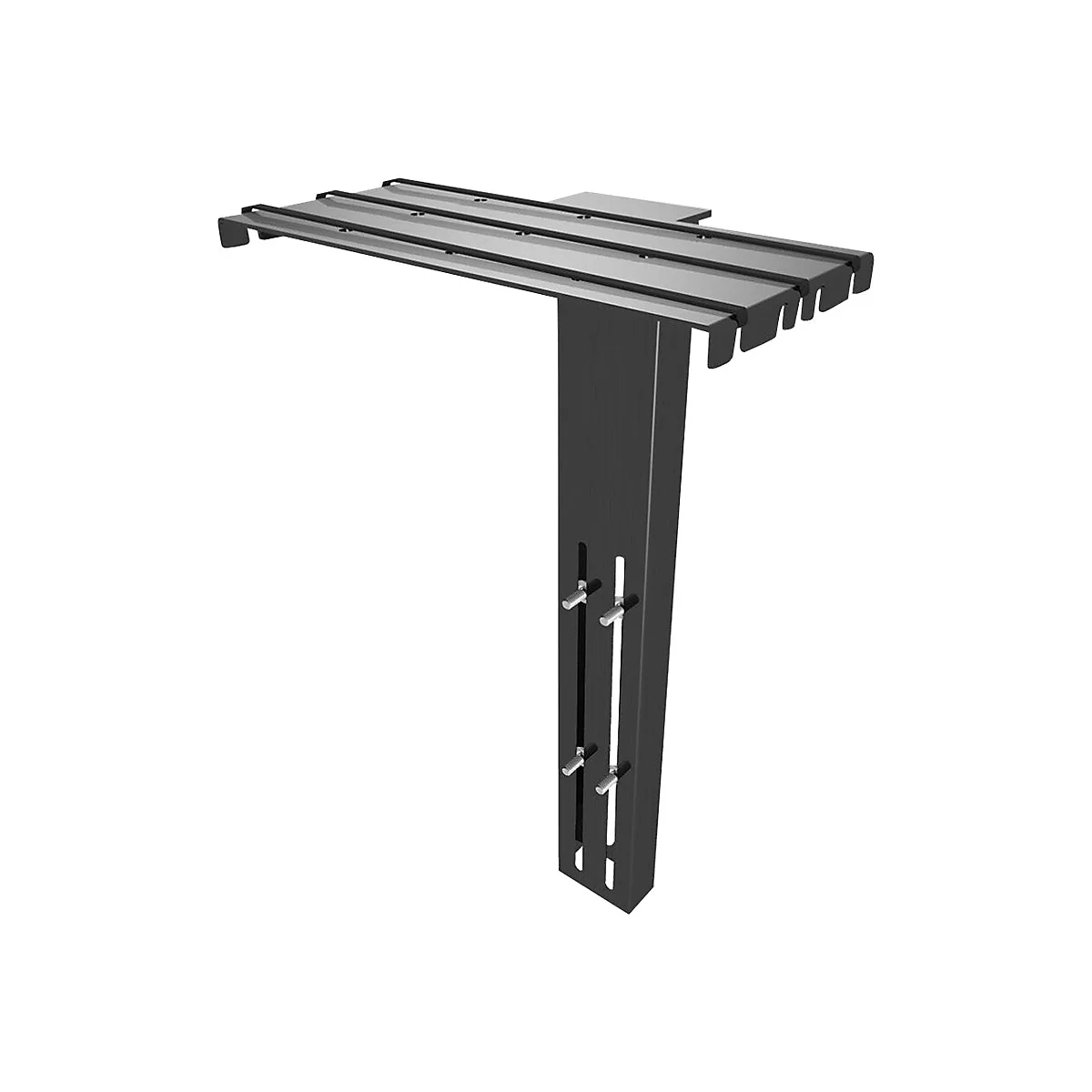 Metallhalterung, schwarz. Obere Ablage mit Querstreben, senkrechter Stiel mit Schrauben.