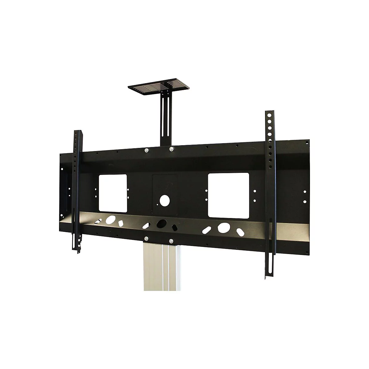 Schwarze TV-Halterung für die Deckenmontage, Metallkonstruktion, mit rechteckigen Löchern und vertikalen Streben.