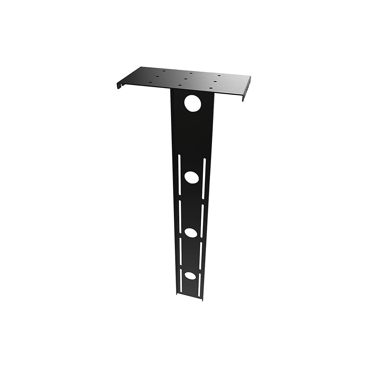 Schwarze Metallhalterung, T-fÃ¶rmig. Oben Platte mit LÃ¶chern, unten lÃ¤nglicher Steg mit LÃ¶chern.