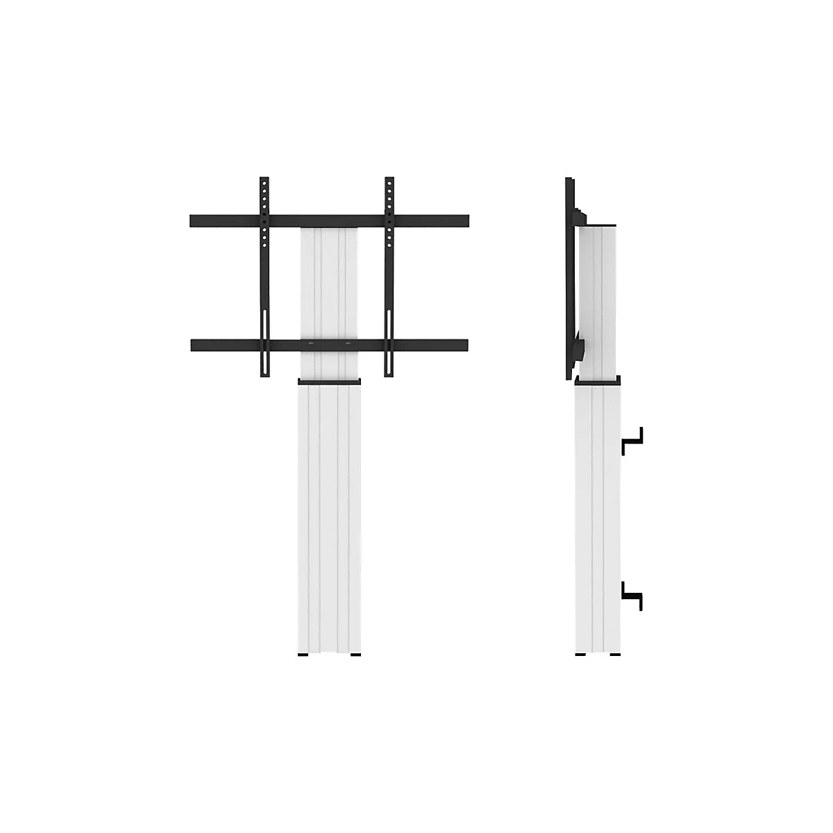 TV-StÃ¤nder in hellem Design, schwarz/weiÃŸ. Links die Vorderansicht, rechts die Seitenansicht.