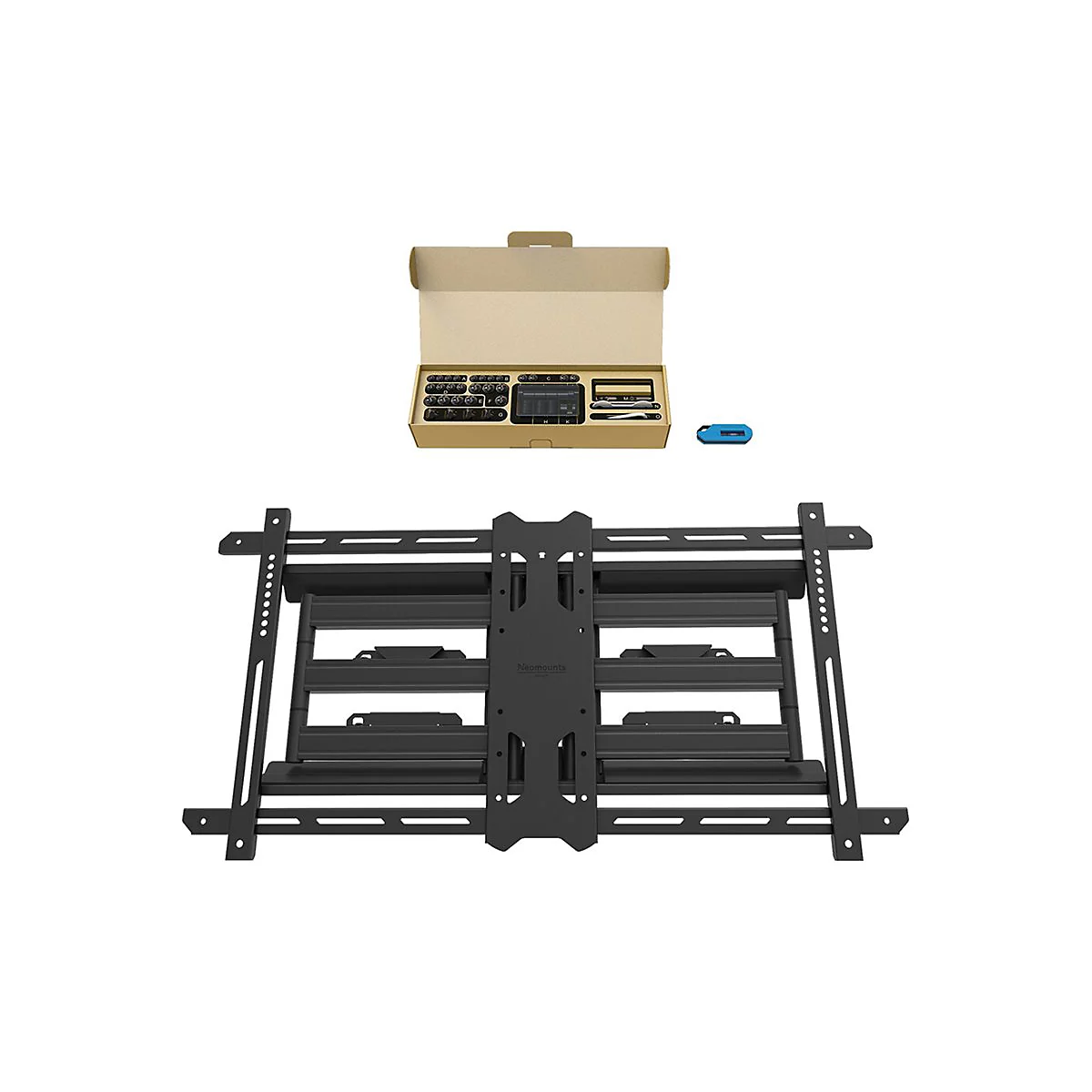Support TV noir et accessoires, sur fond blanc. Comprend vis, outils et niveau bleu.