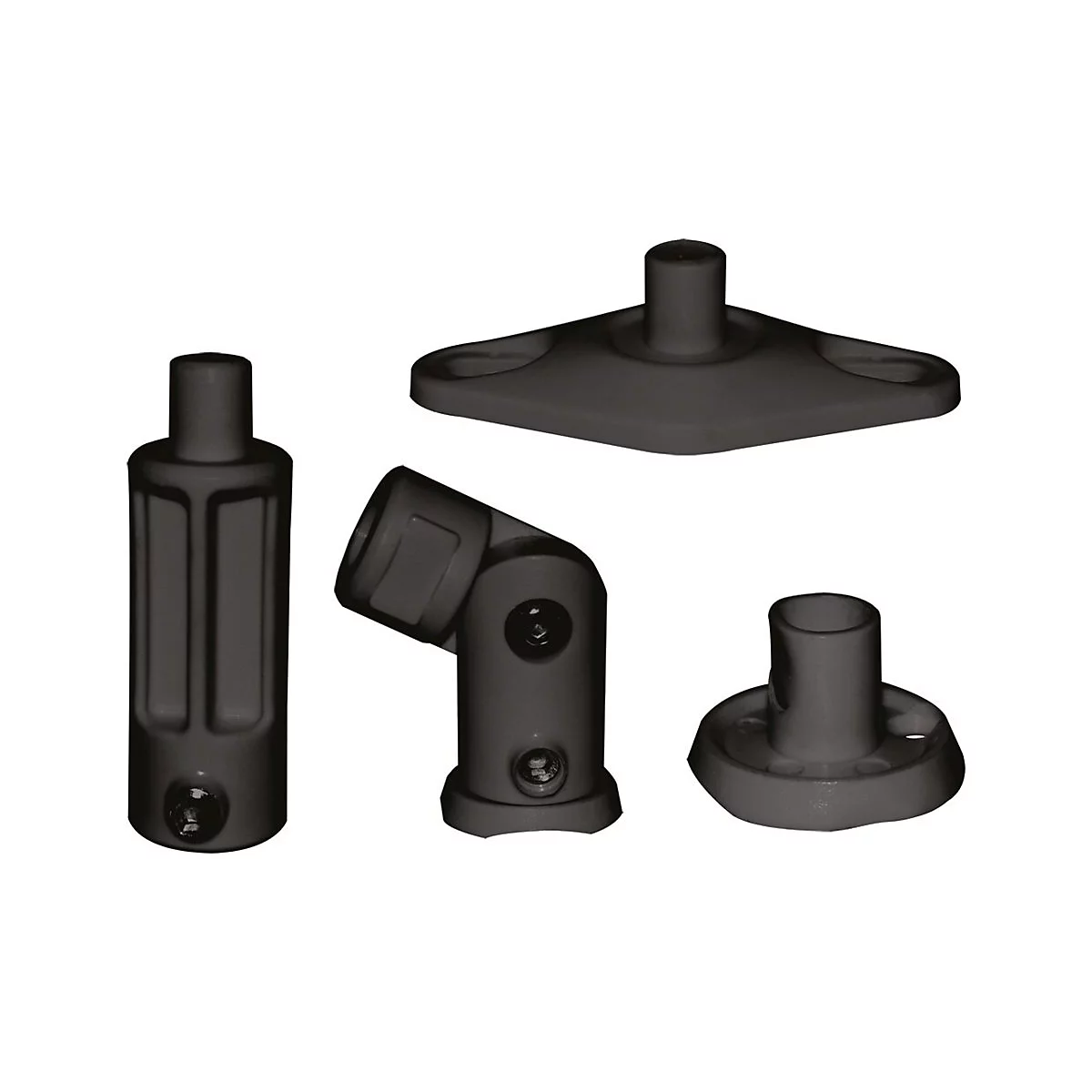 FÃ¼nf schwarze Metall-Bauteile in verschiedenen Formen: Zylinder, Eckverbinder, flache Basis mit Zapfen, RundfuÃŸ.