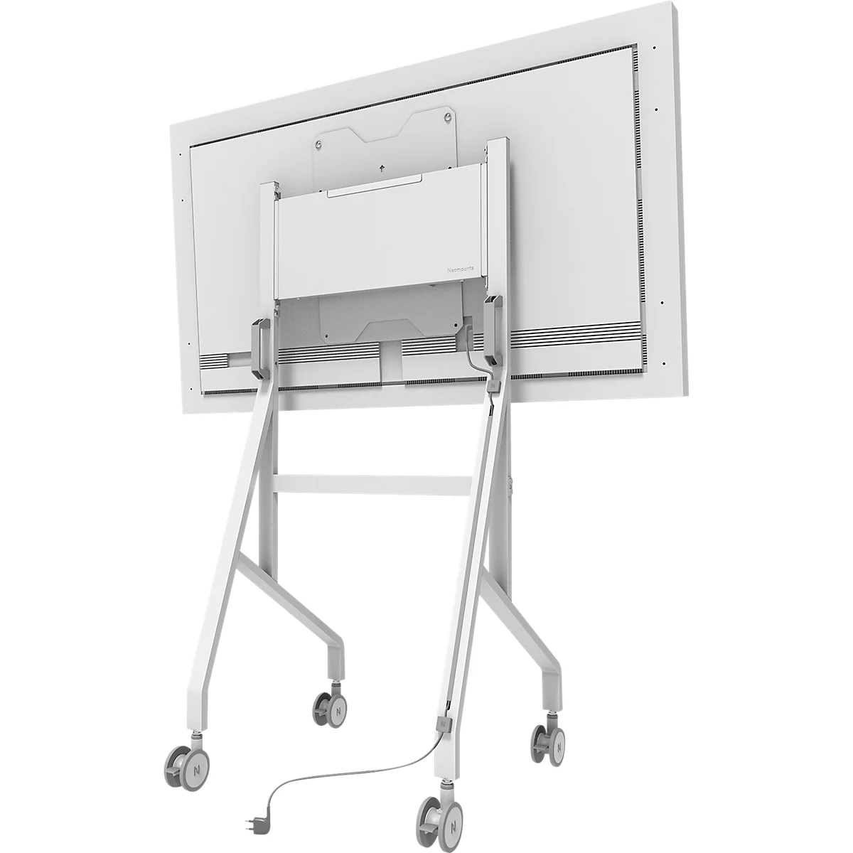 Arrière d'un écran plat interactif blanc avec support et roulettes. Le câble est branché.