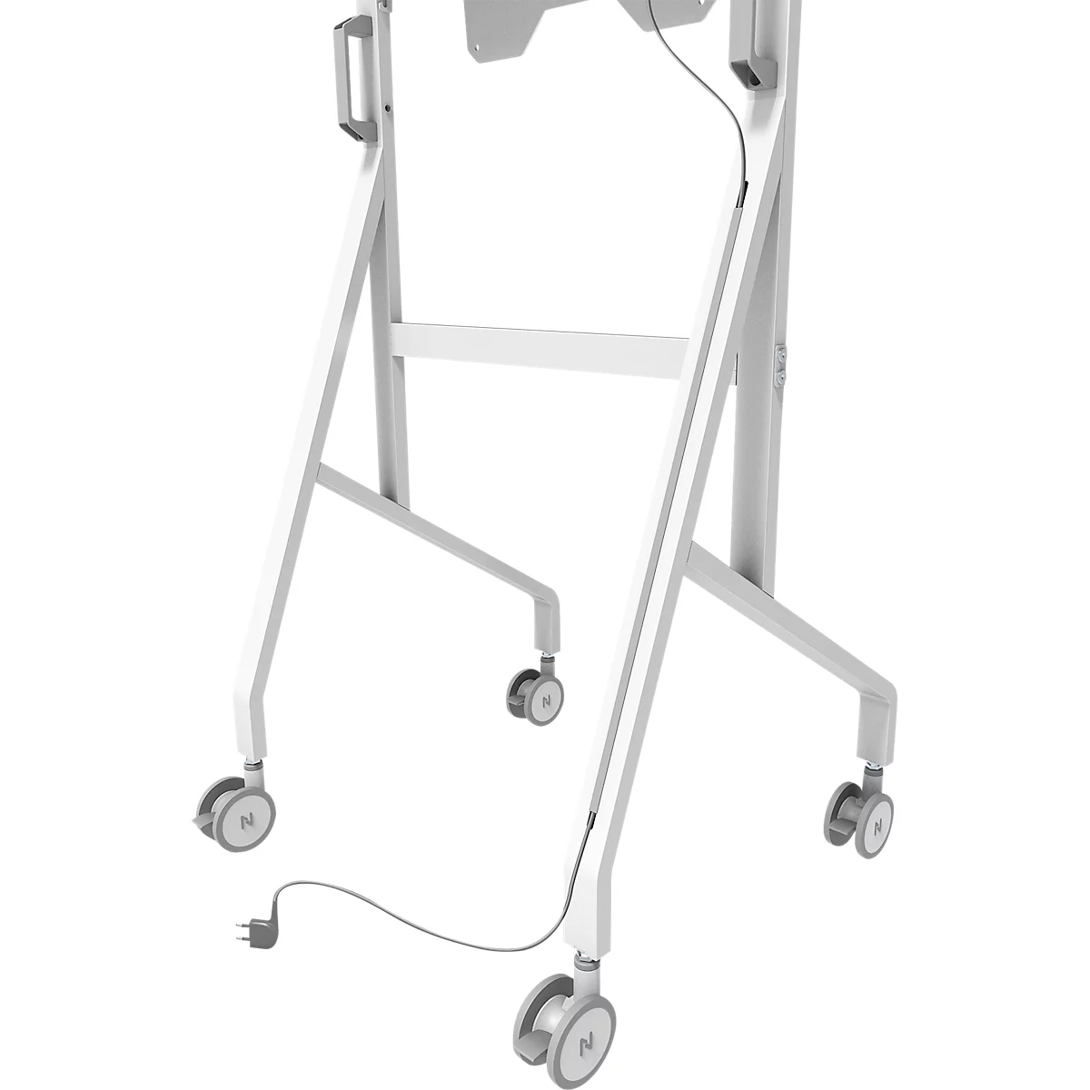 Support de présentation blanc et roulant. Le support est équipé de roulettes sur les pieds et d'un support pour un écran.