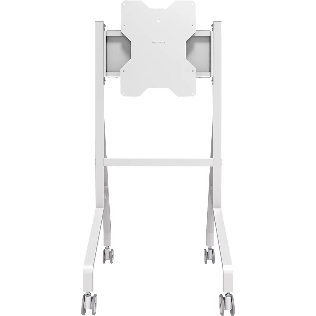 Support blanc à roulettes pour écran. Se compose d'une base avec roues, de deux montants verticaux, d'une barre horizontale et d'un support.