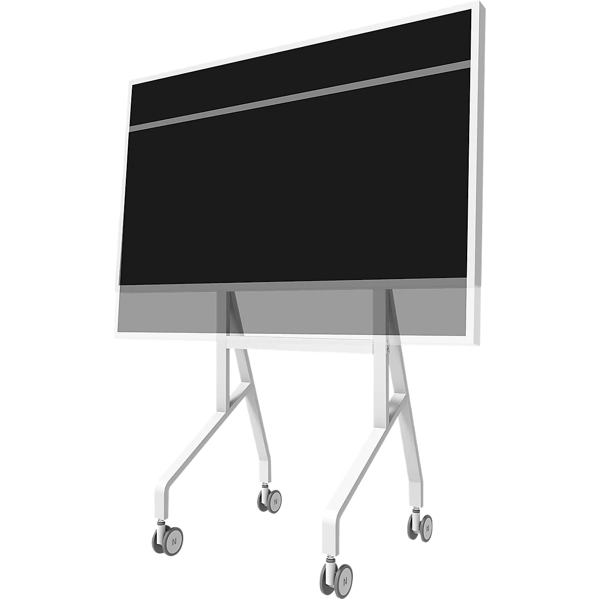 Un grand tableau blanc noir sur un support roulant blanc.