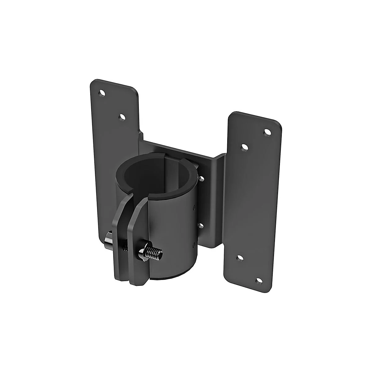 Schwarze Halterung mit zylindrischem Teil und Schraube. Zwei rechteckige Platten mit LÃ¶chern.
