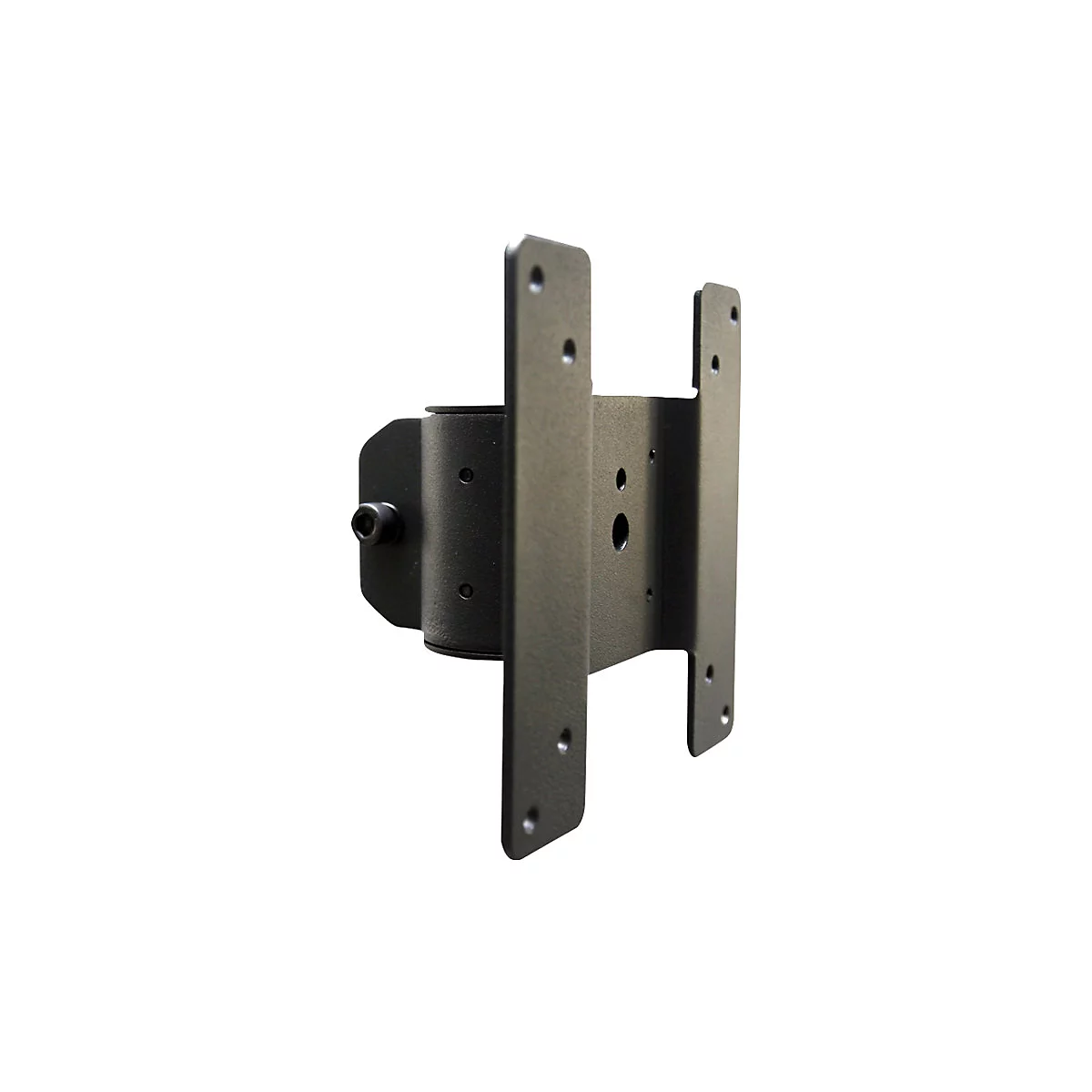 Graue TV-Wandhalterung, bestehend aus Metallplatten und einem Drehmomentarm, mit LÃ¶chern fÃ¼r Schrauben.