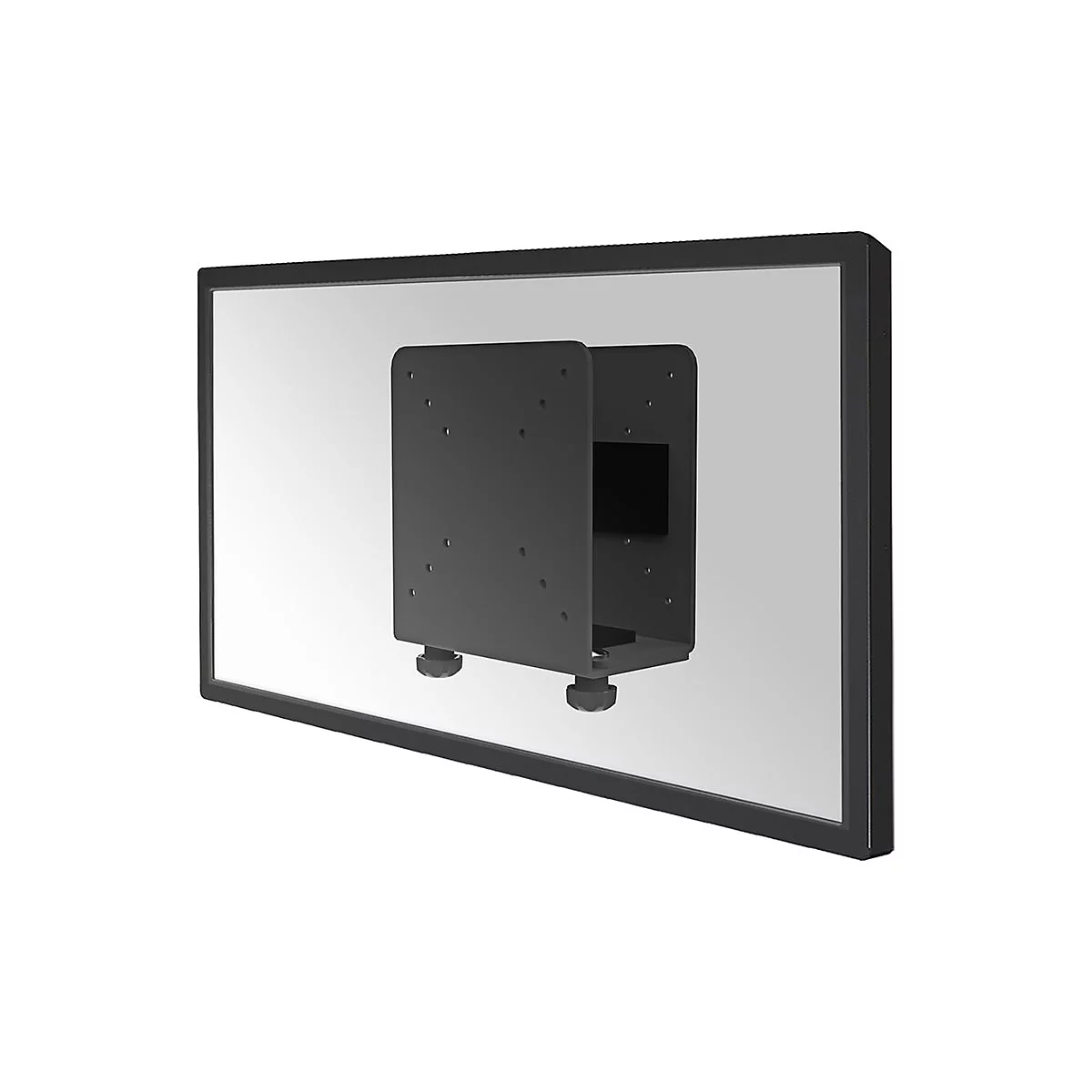 Schwarzer Wandhalter mit TV. Der Halter ist auf dem Display montiert. Im Detail sind Schrauben, AnschlÃ¼sse und StellfÃ¼ÃŸe zu sehen.