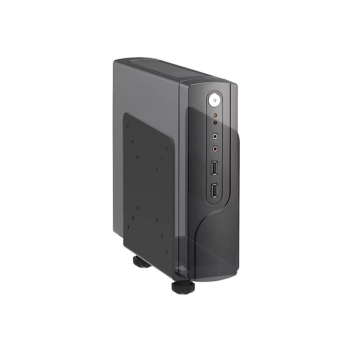 Schwarzer PC-Tower. Oben KnÃ¶pfe und AnschlÃ¼sse fÃ¼r USB und Audio.