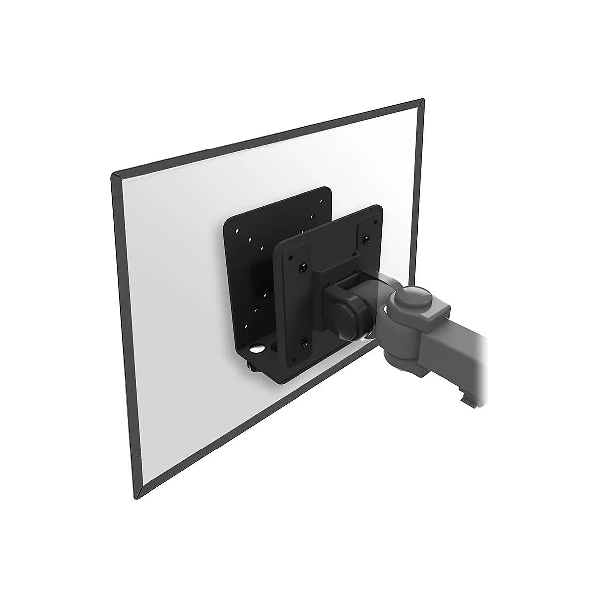 Schwarze Halterung mit Display, an einem Monitorarm befestigt. Auf weiÃŸem Hintergrund.