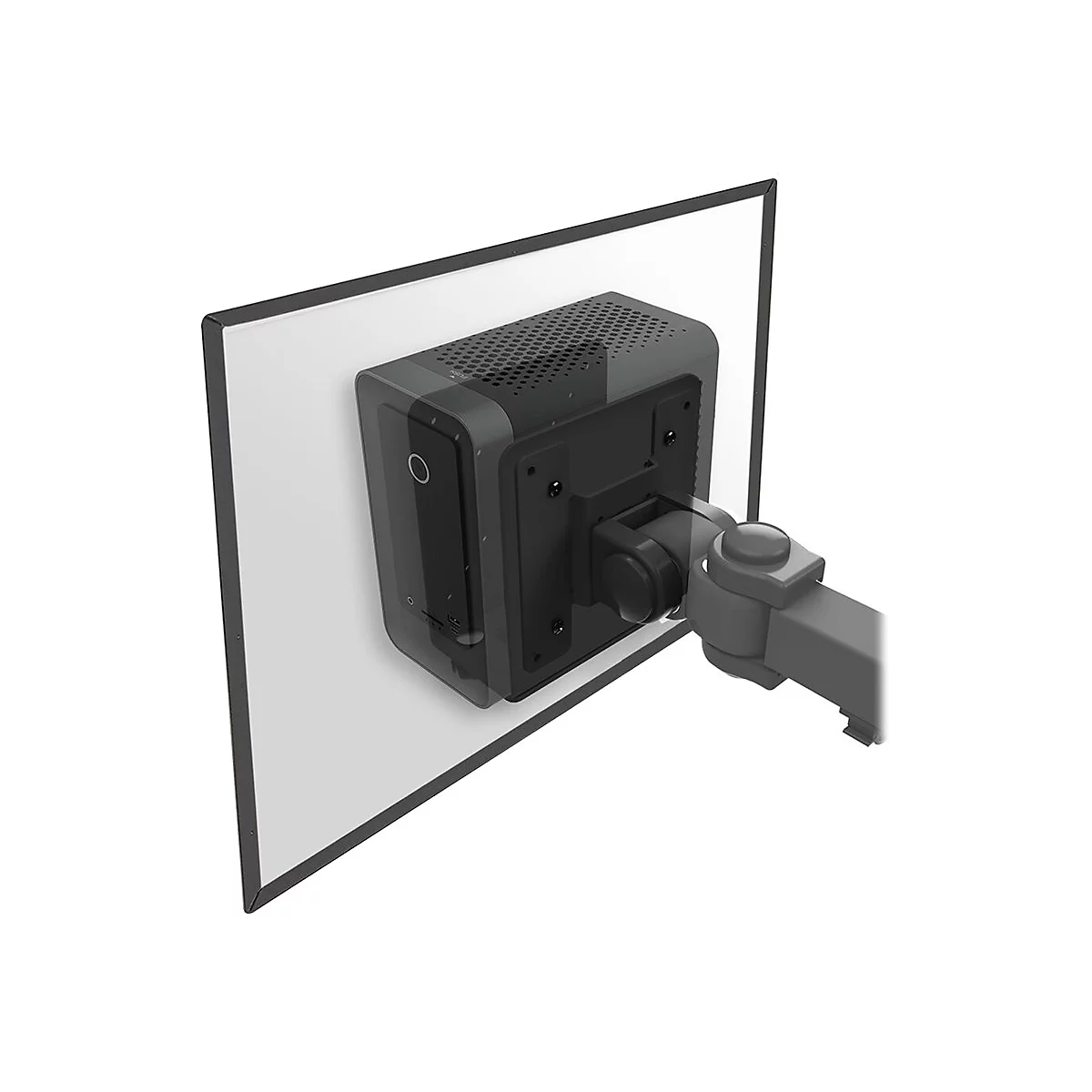Schwarzer Computer, an Monitor montiert. Montierung am Halterungsarm. Hintergrund weiÃŸ.