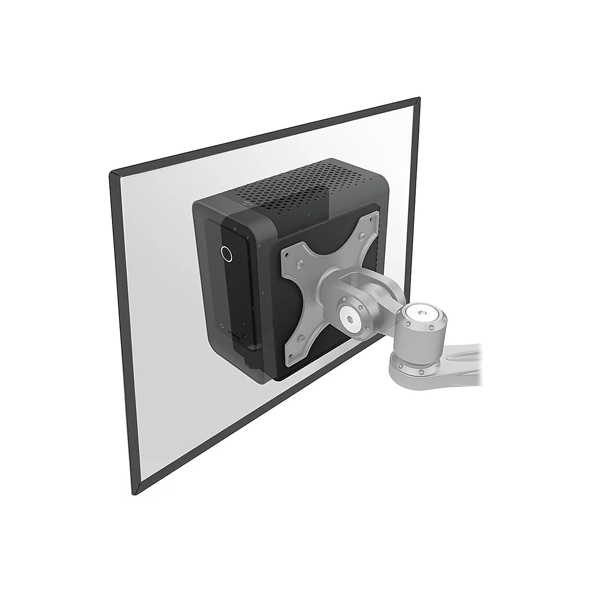 Ein schwarzer Mini-PC ist an einem Monitor befestigt und mit einem Monitorarm verbunden.