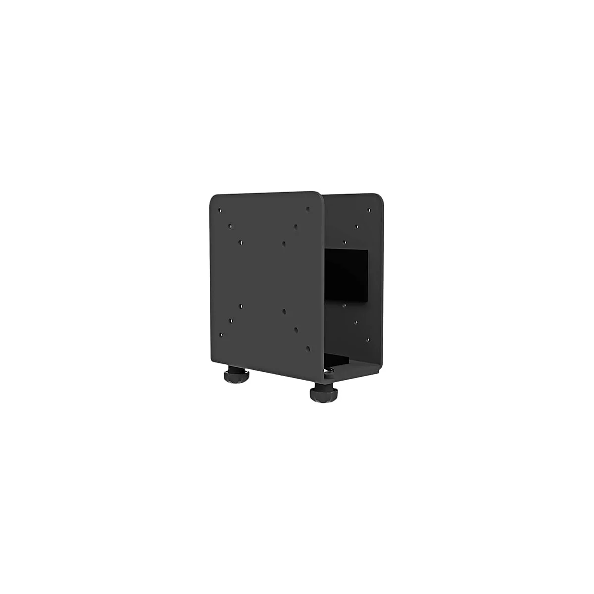 Schwarzer Metall-Halter fÃ¼r elektronische GerÃ¤te mit LÃ¶chern und verstellbaren FÃ¼ÃŸen.