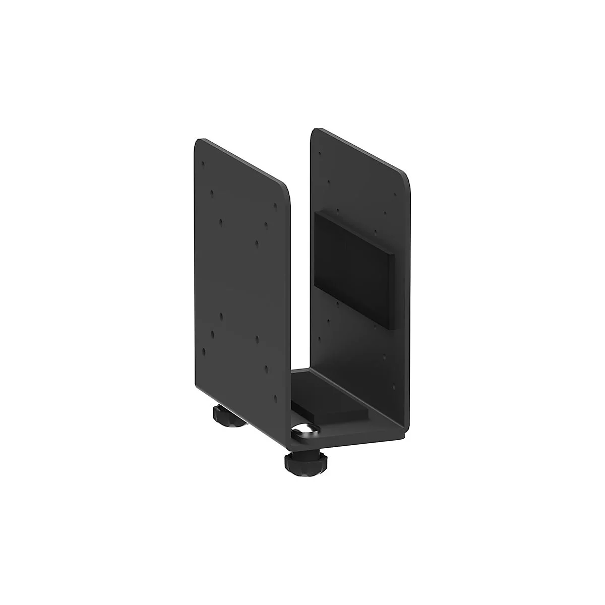 Schwarzer Metall-Computer-Halter mit U-Form. Das Produkt steht auf schwarzen FÃ¼ÃŸen, und ein schwarzes Rechteck ist auf der Innenseite sichtbar.