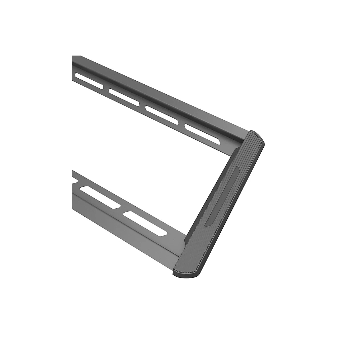 Graue Metallhalterung mit Streifen. Sie hat Löcher und geriffelte Kanten.