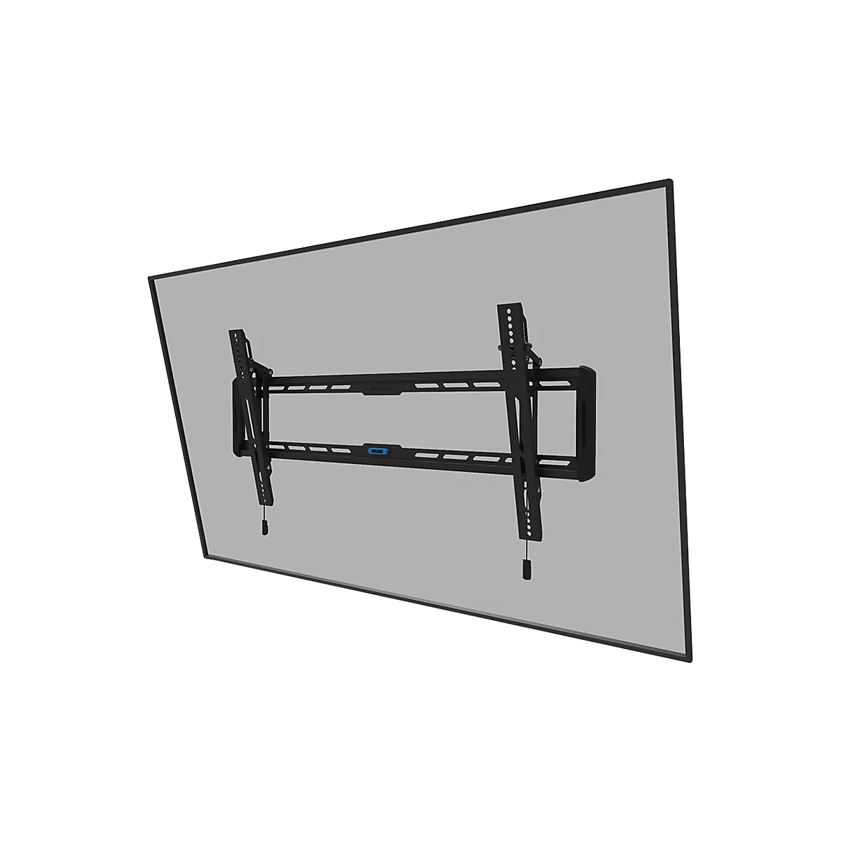 Schwarze TV-Wandhalterung an grauem Bildschirm.