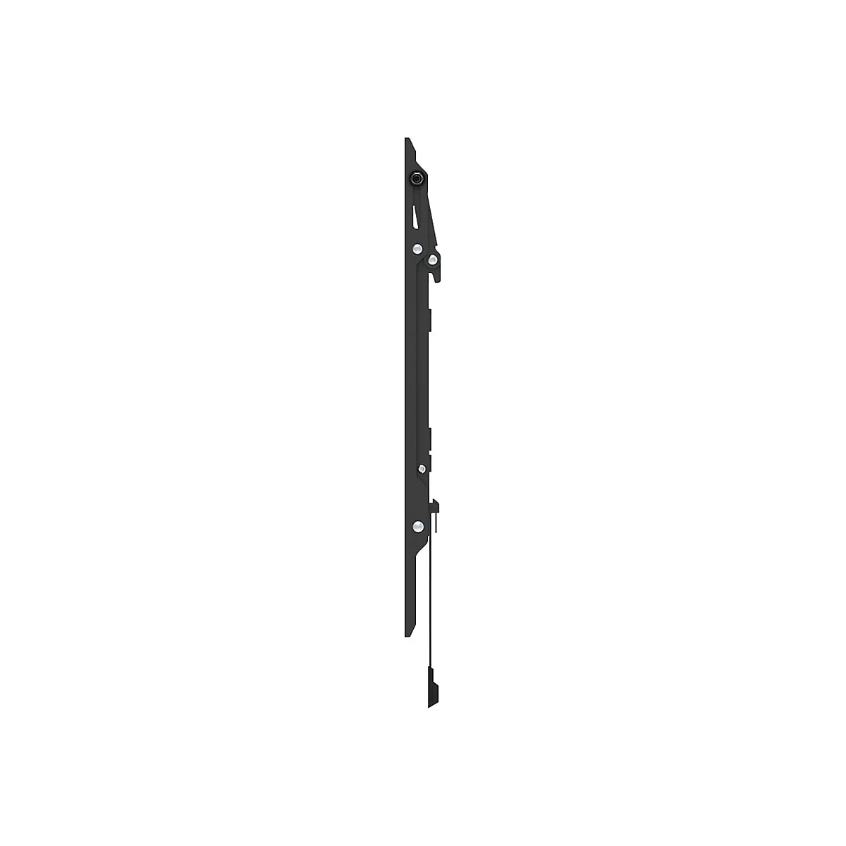 Vue latérale d'un support TV noir avec vis et câble sur fond blanc.
