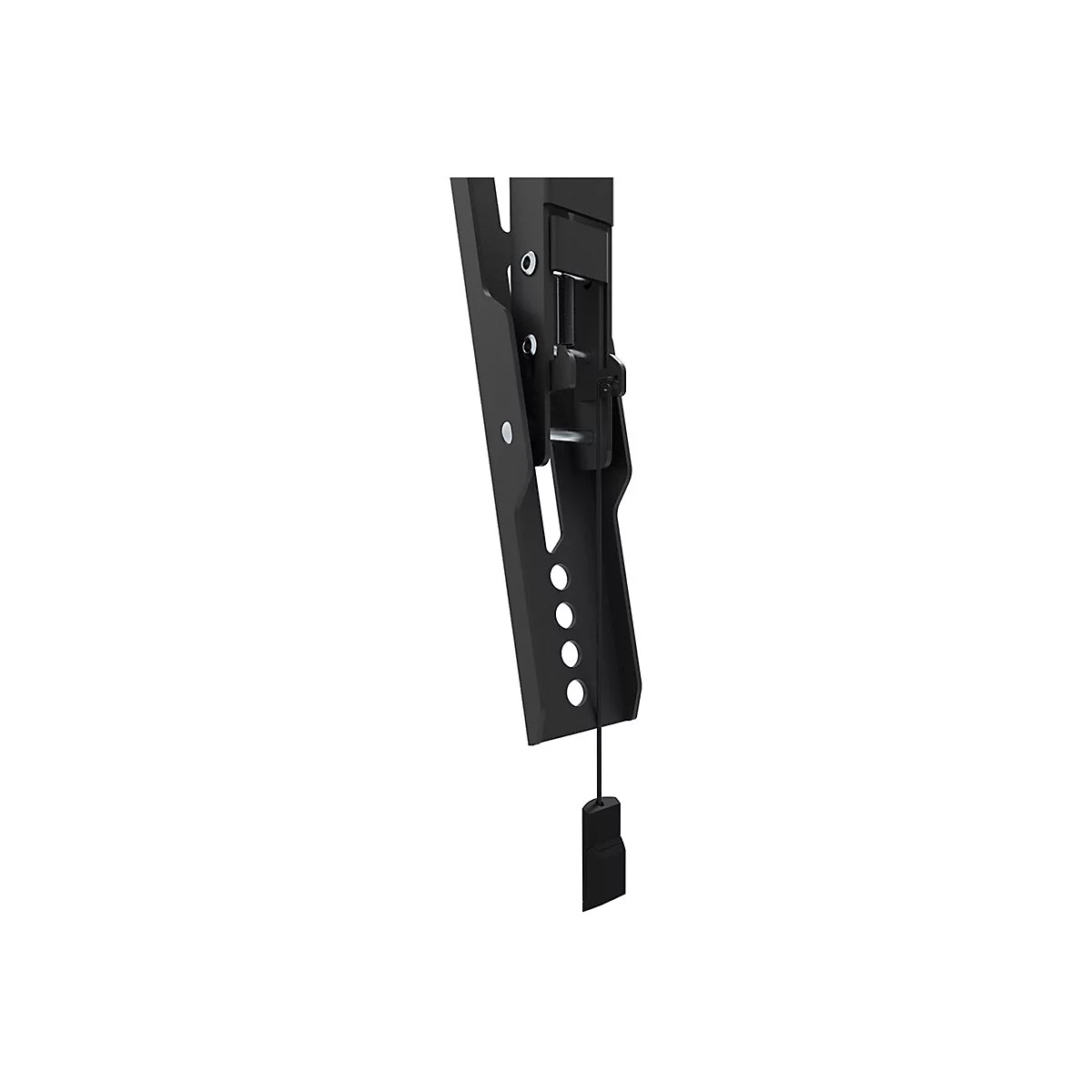 Détail d'un support TV noir, avec des découpes et un cordon suspendu.