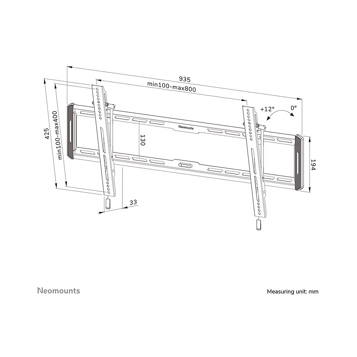 Dessin technique d'un support TV avec dimensions en millimètres. Le support est noir et présente différents angles et tailles.