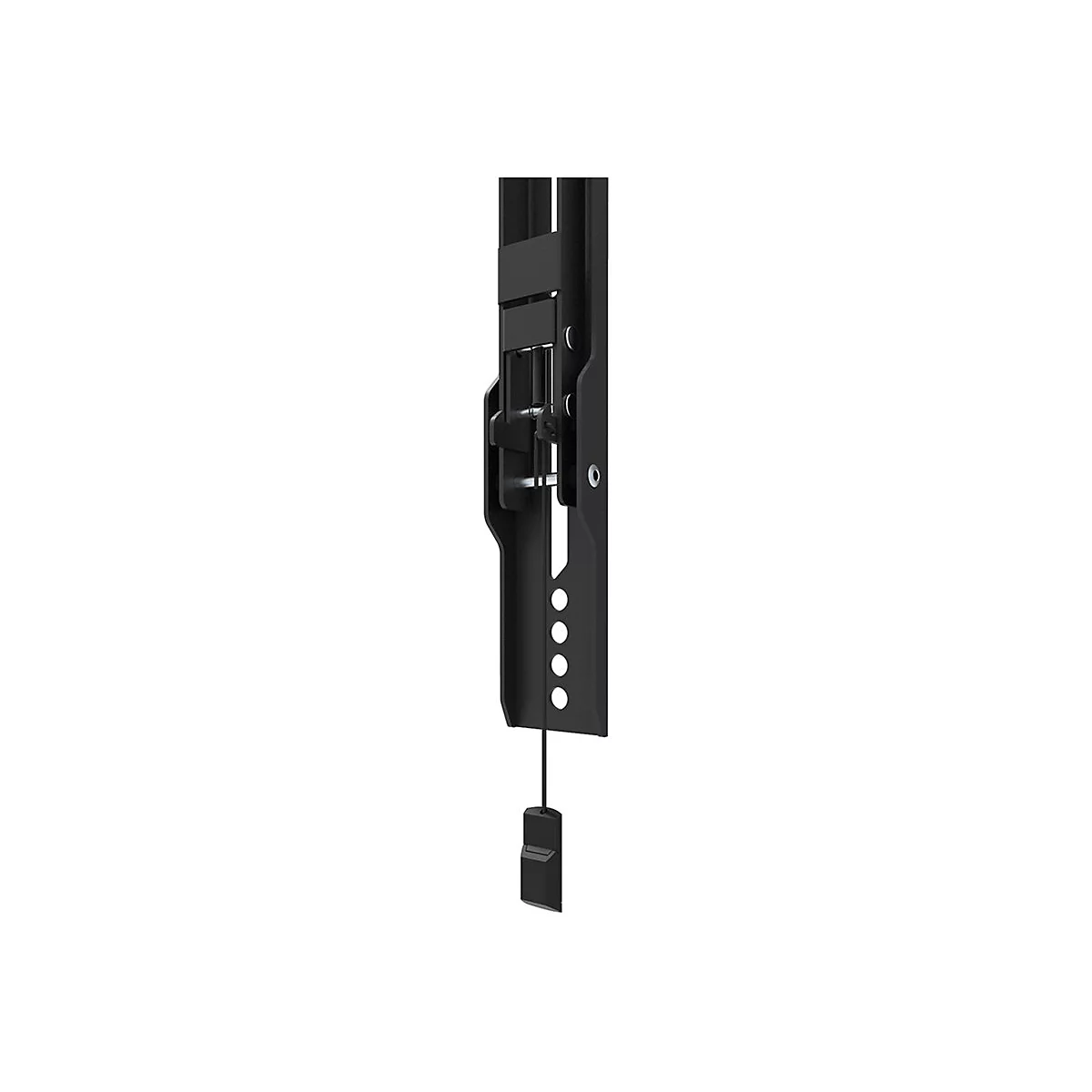 Gros plan d'un support mural de télévision noir. Support vertical avec vis, boutons et une pièce en plastique.