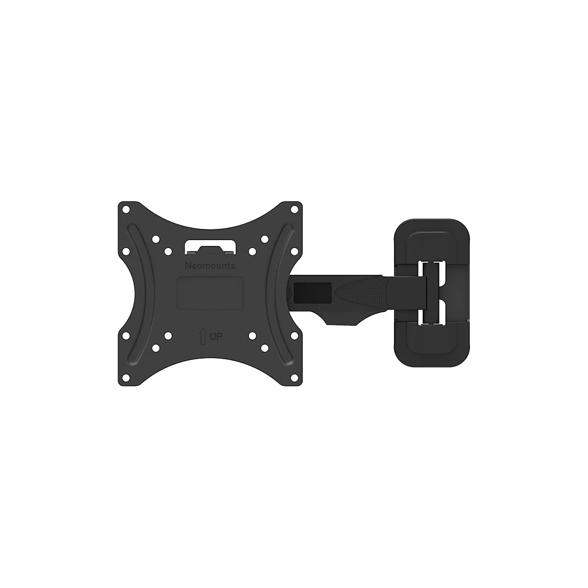 Schwarze TV-Wandhalterung, "Neomounts" Logo, Pfeil nach oben. Zwei Teile: Montageplatte und Arm mit Halterung.