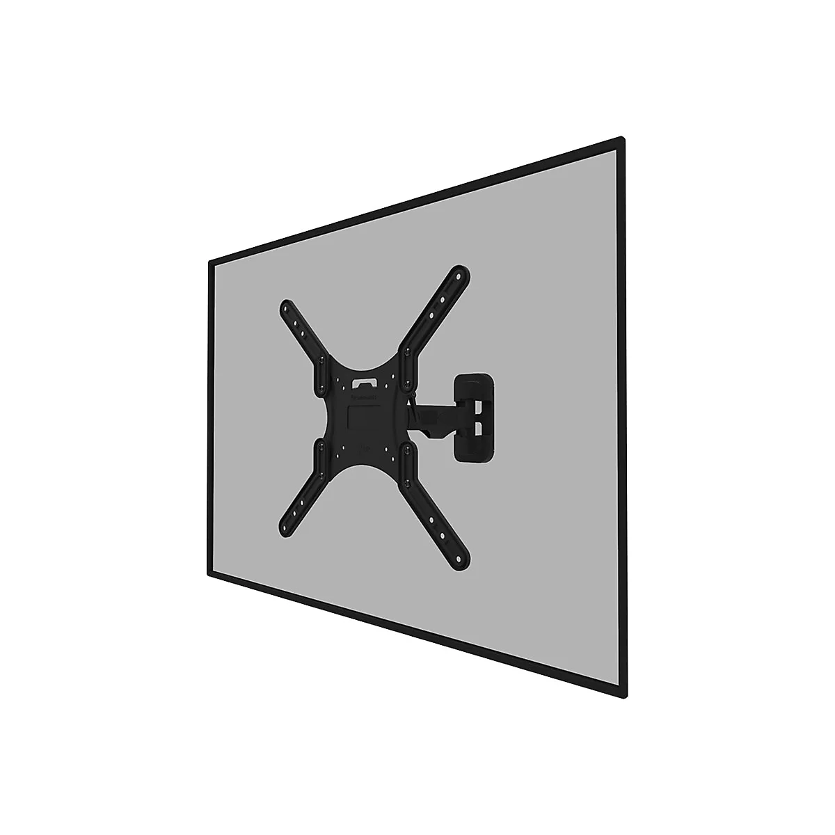 Schwarze TV-Wandhalterung vor grauem Hintergrund. Die Halterung ist an einem grauen Rechteck befestigt.