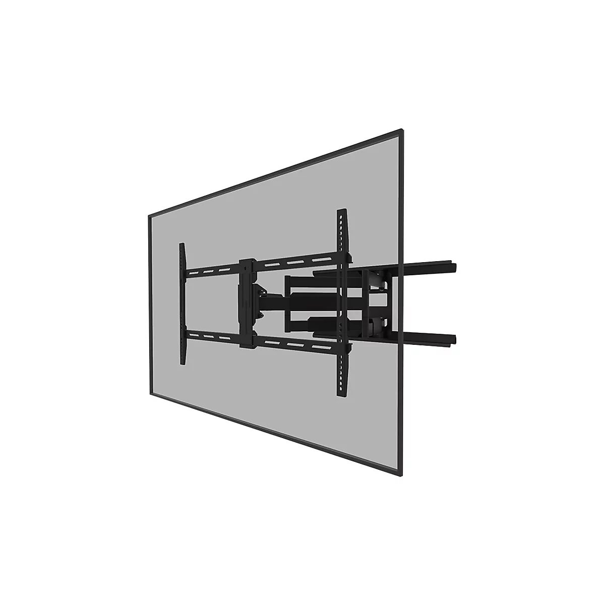 Eine schwarze TV-Halterung, die an einer grauen Wand montiert ist. Die Halterung ist im rechten Winkel ausgestellt.