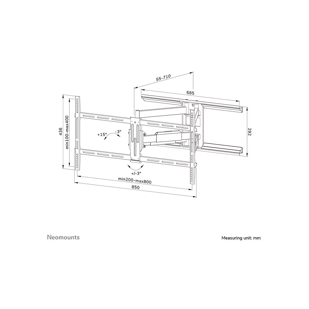 Dessin technique d'un support mural TV. Les dimensions sont données en mm. Les détails incluent les angles d'inclinaison et les spécifications de taille.