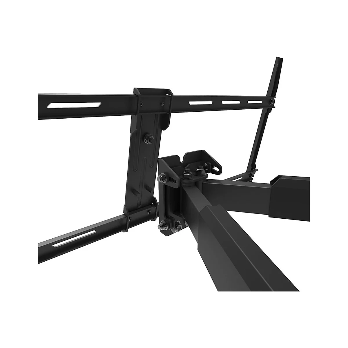 Gros plan sur un support TV noir, métal, vis visibles, sur fond blanc.