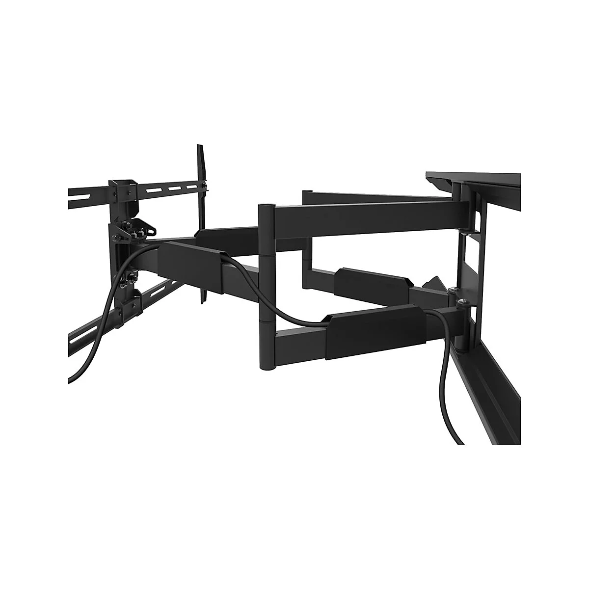 Gros plan d'un support mural de télévision noir. Bras flexibles et câbles avec vis et supports.