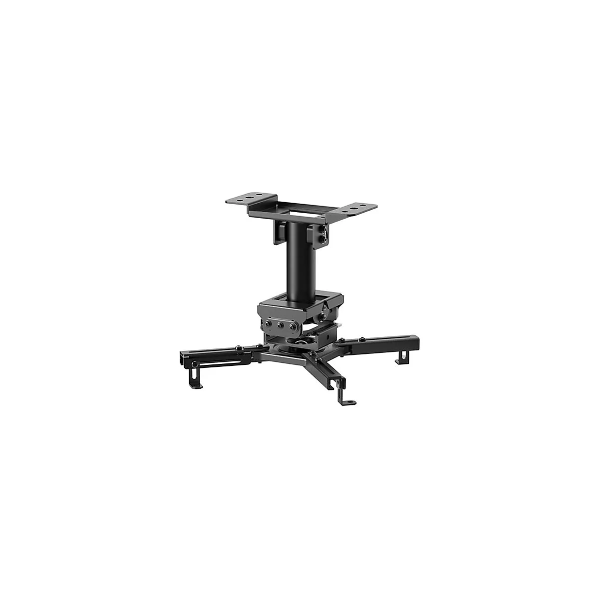 Schwarze Deckenhalterung für einen Projektor. Die Halterung hat eine quadratische Basis mit verstellbaren Armen.