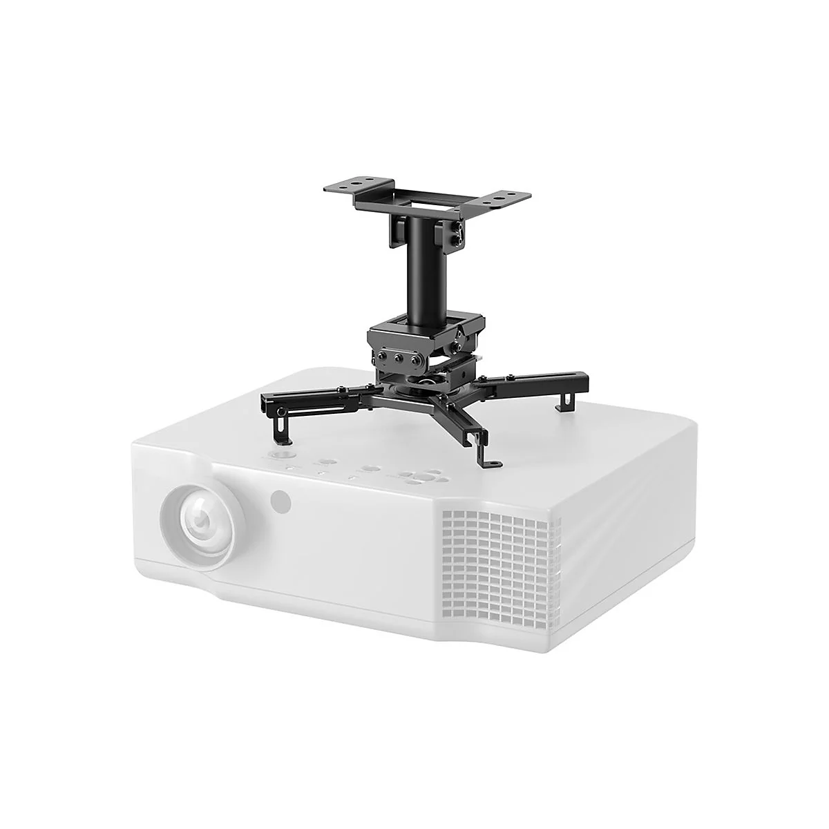 Ein Projektor, der an einer schwarzen Deckenhalterung befestigt ist, vor weißem Hintergrund.