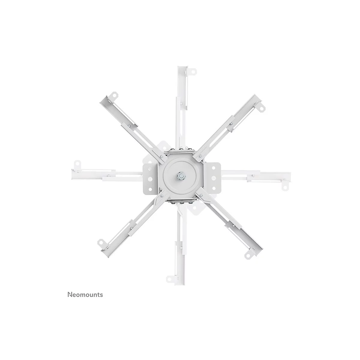 Weißer Deckenhalter für Projektoren, Blick von oben, mit Logo 'Neomounts' unten links.
