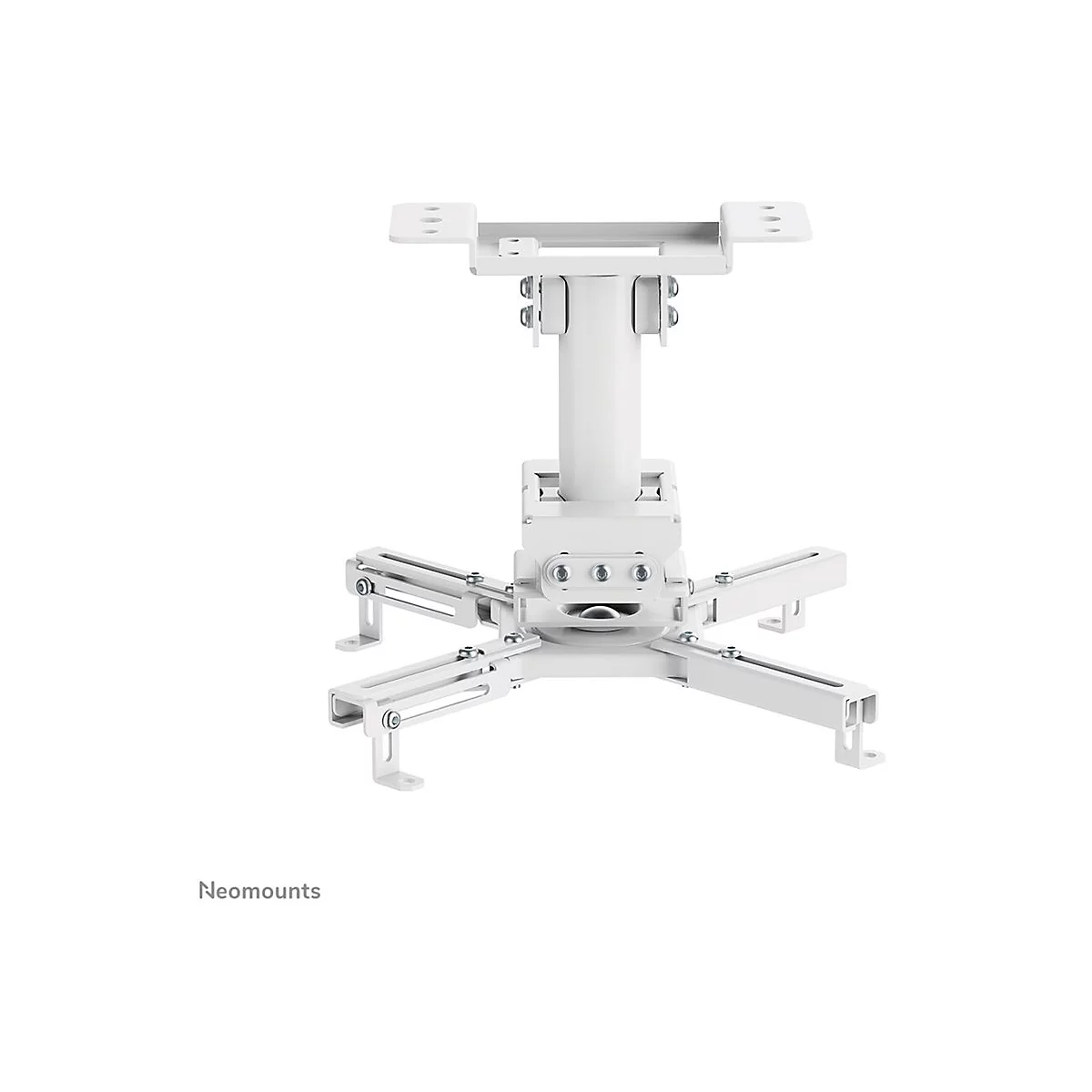 Weißer Deckenhalter für Beamer, mit Neomounts Schriftzug.