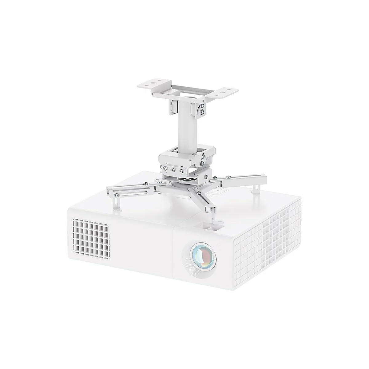 Weißer Projektor mit Halterung. Halterung mit Schrauben an der Decke befestigt, Projektor darunter.