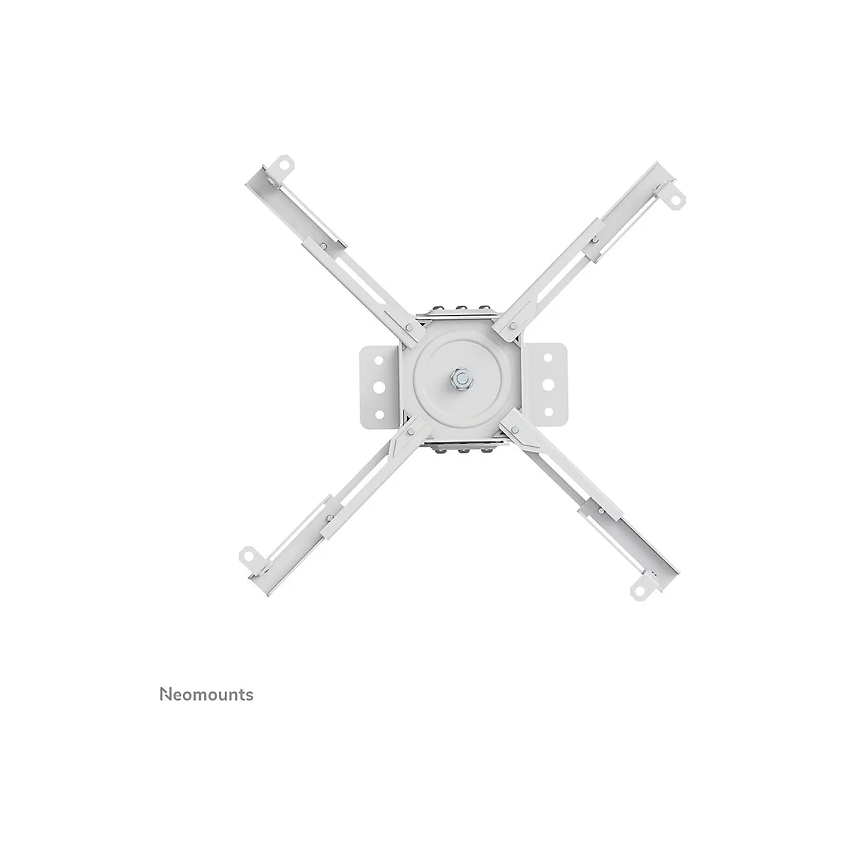 Weiße Deckenhalterung für einen Projektor, Blick von unten. Vier Ausleger gehen sternförmig vom Zentrum aus.