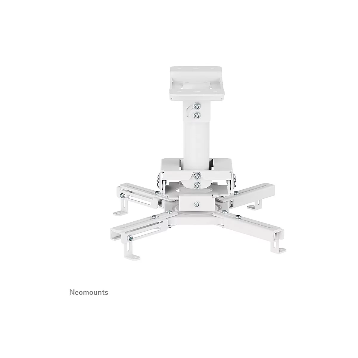 Weißer Deckenhalter für einen Projektor, vor weißem Hintergrund. Der Halter hat mehrere Arme und Gelenke.