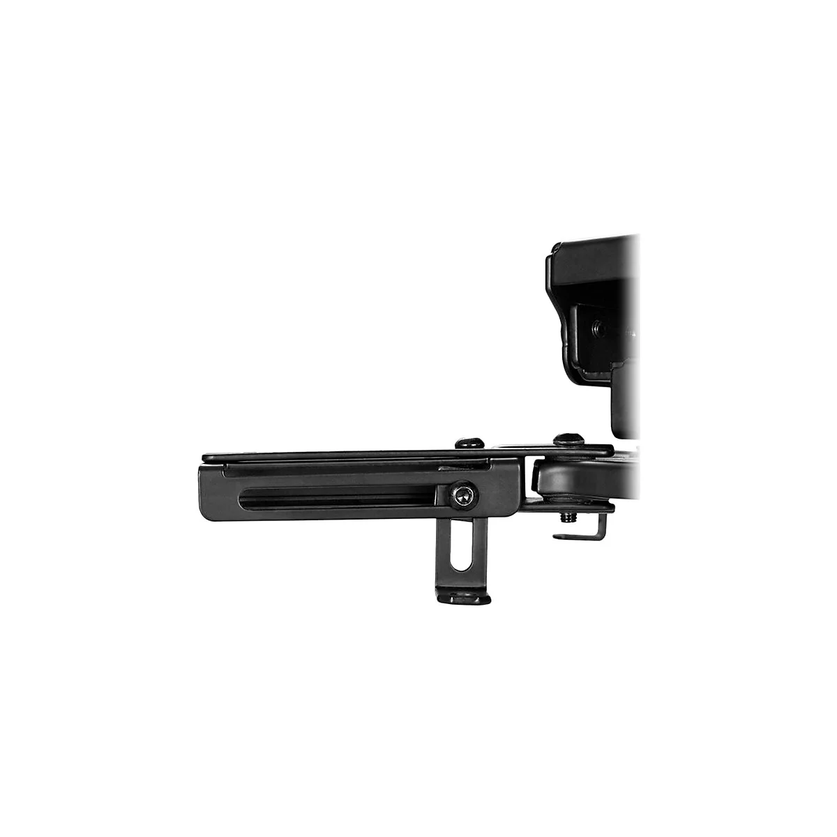 Nahaufnahme eines schwarzen Metall-Wandhalterungsarms für Monitore.