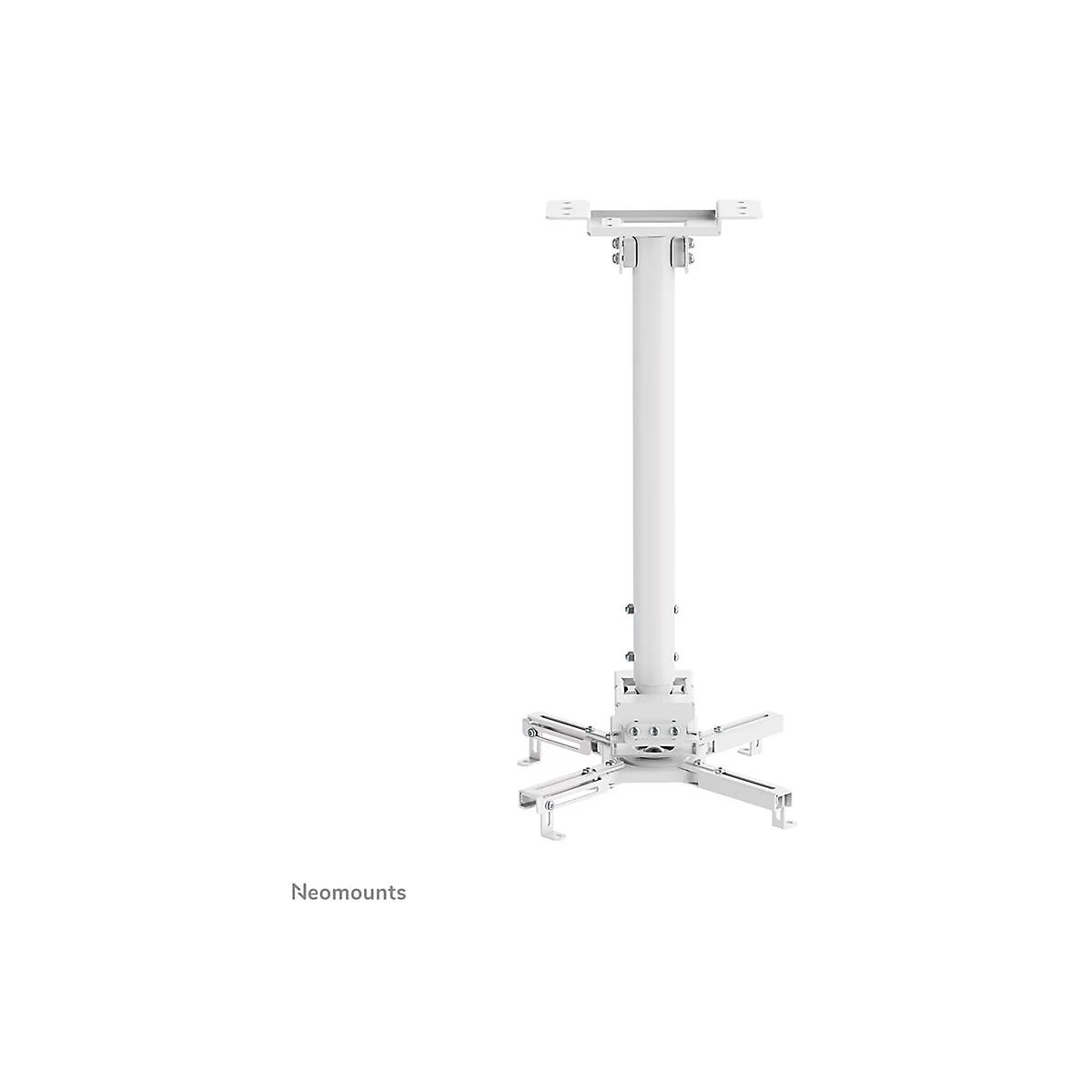 Weißer Deckenhalter für einen Projektor. Das Produkt steht vor einem weißen Hintergrund.