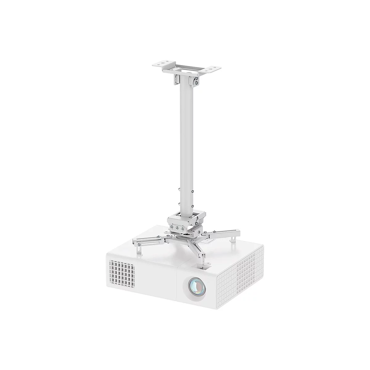 Weißer Deckenprojektor mit Halterung. Der Projektor hat ein Objektiv und Lüftungsschlitze.