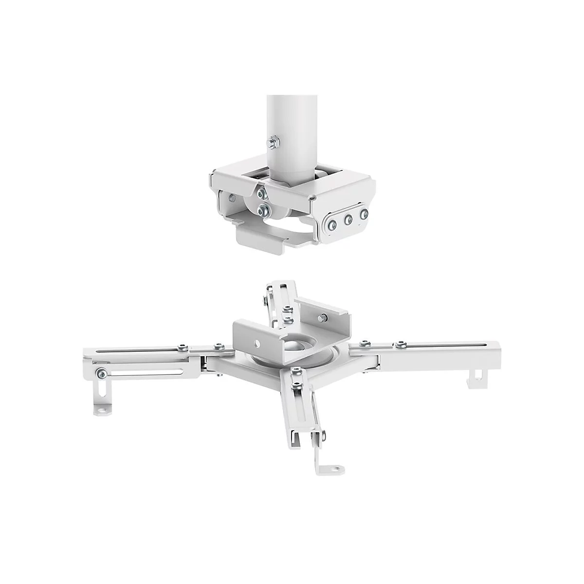 Halterung für einen Projektor. Metall, weiß, mit Schrauben. Oben ein Teil, unten ein Teil, um den Projektor zu befestigen.