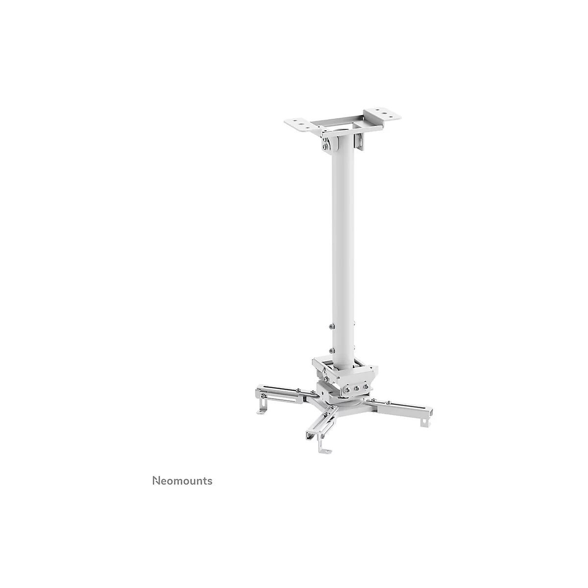 Weißer Projektorhalter, bestehend aus einer Deckenhalterung, einem Teleskoprohr und einem Halterungsteil, vor weißem Hintergrund.
