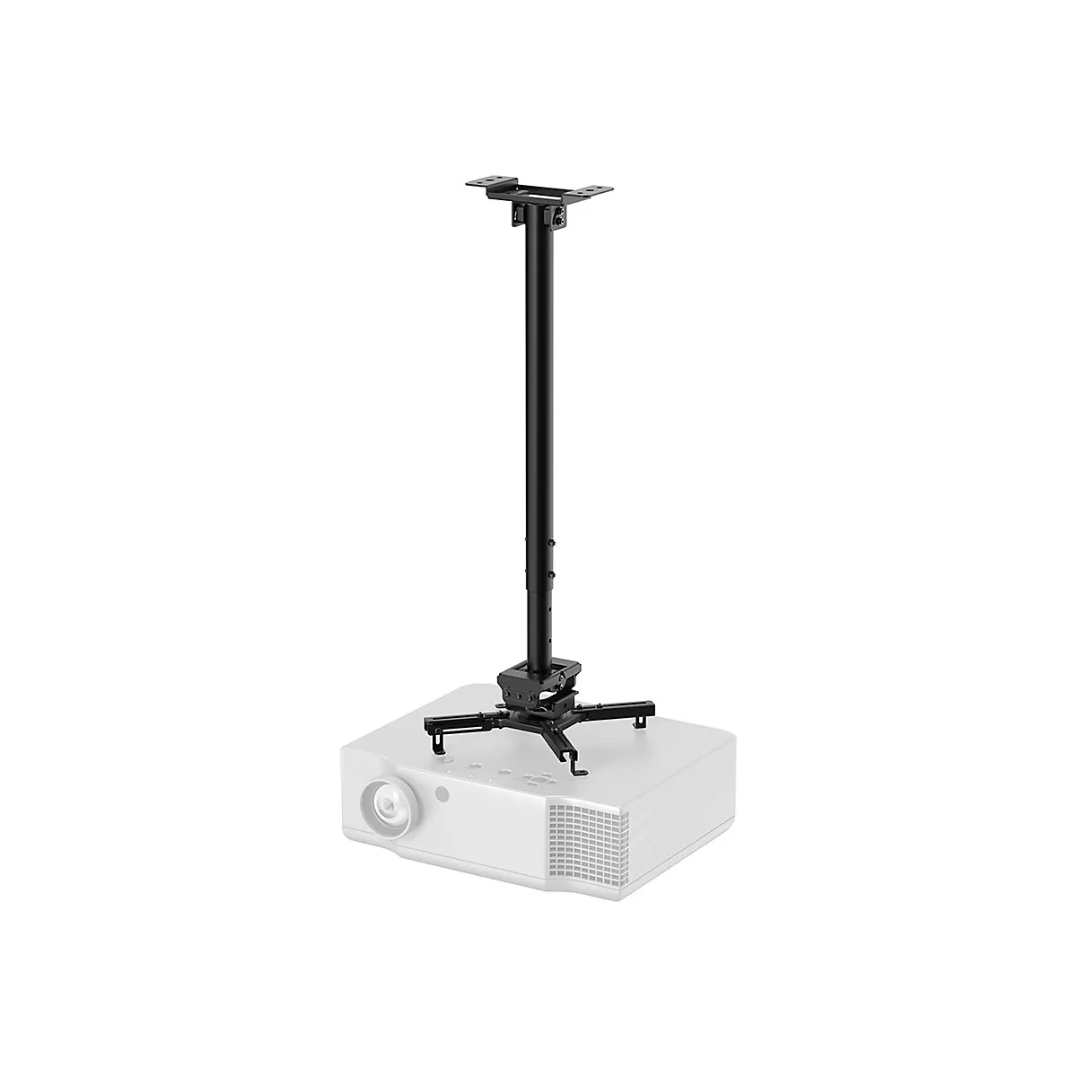 Projektorhalterung mit Projektor, in Schwarz, vor weißem Hintergrund. Der Projektor ist weiß.