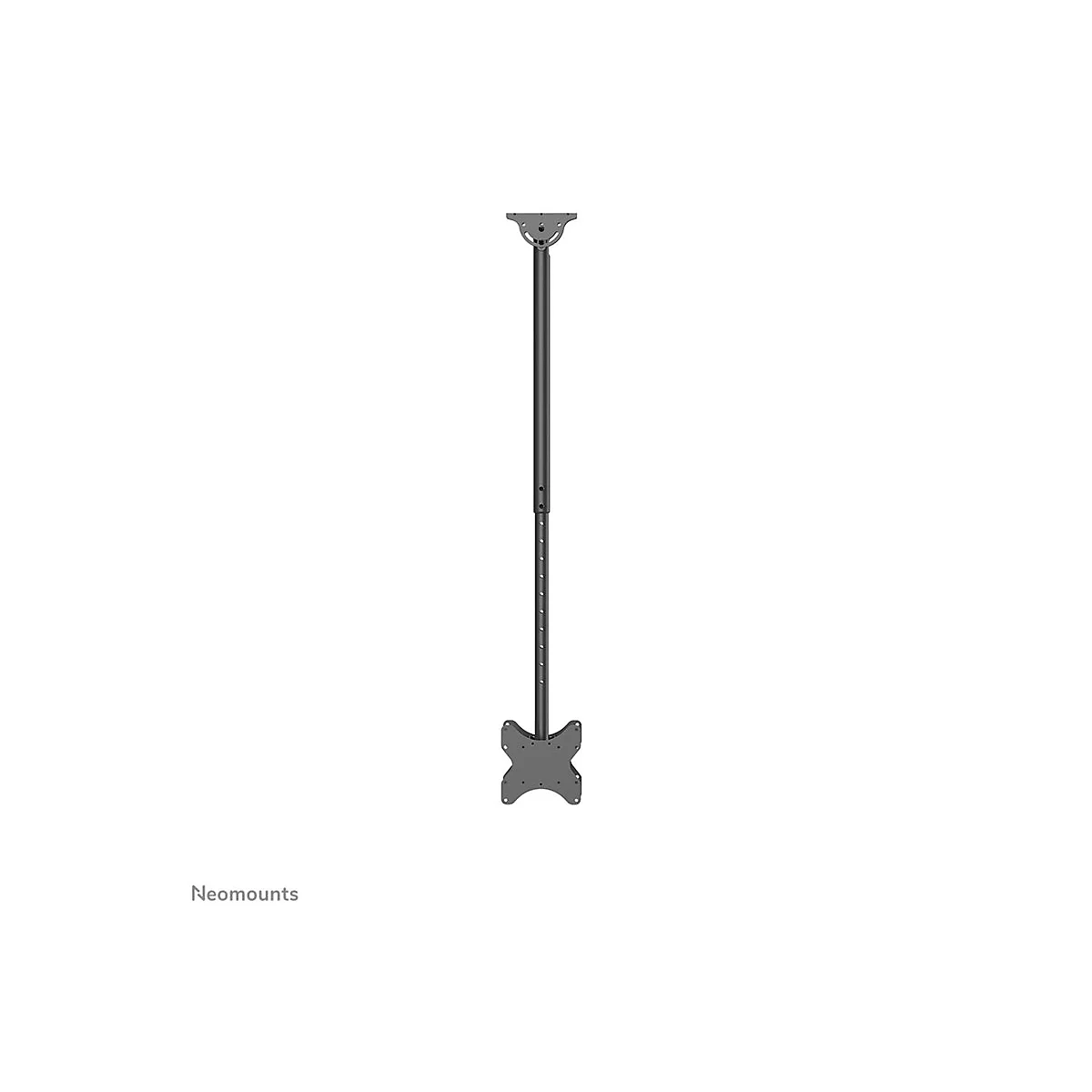 Schwarze TV-Deckenhalterung mit Stange und Montageplatte, vor weißem Hintergrund. Unten links 'Neomounts'.
