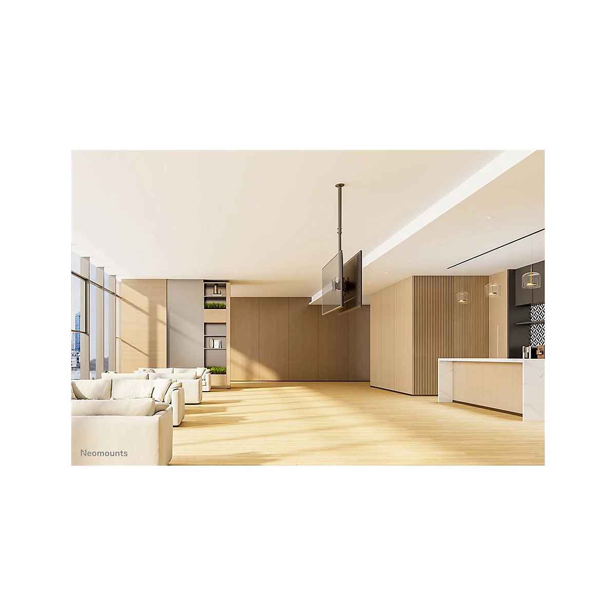 Ein Wohnzimmer mit abgehängtem TV, Holzverkleidung, Sofas, Holzboden, Panoramafenster und moderner Küche.