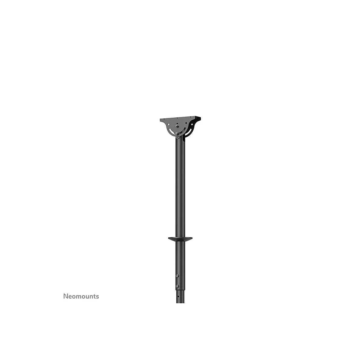 Schwarze Halterung für Monitore. Besteht aus einem vertikalen Stab, Halterung und Befestigungen.